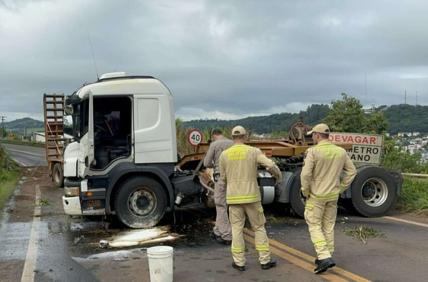  Motorista se depara com caminhão em chamas, faz manobra brusca e colide com outro veículo na PR 180