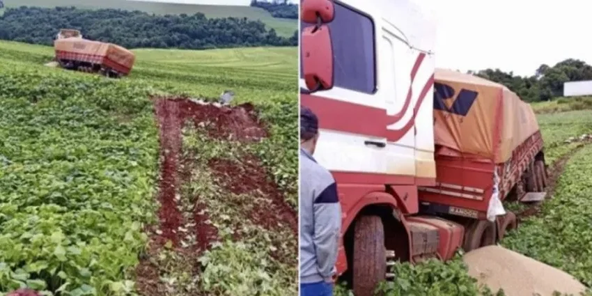  Após colisão, motorista de caminhão não consegue resgatar veículo preso em área agrícola